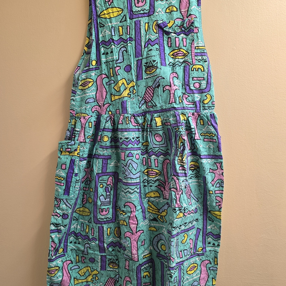 S Roberts Vintage Abstract Print Dress Small 100% Cotton Sleeveless Pockets